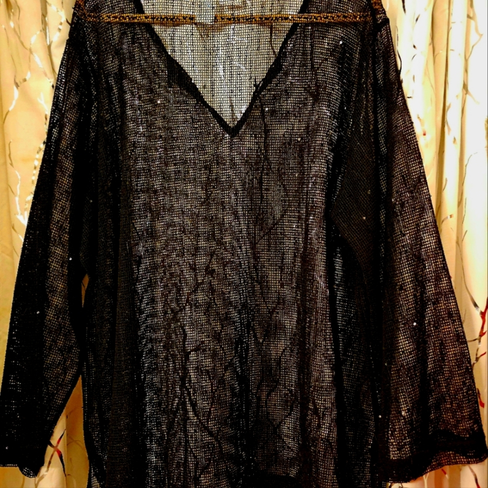 BLACK SWIMSUIT COVER-UP MADE OF SEE THROUGH NETTING WITH BLACK SEQUINS ON FABRIC